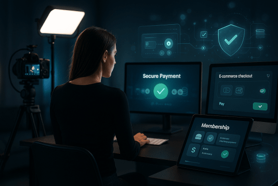 Illustration showing an adult merchant completing approval steps for a payment processing account