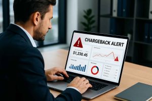 Infographic showing common challenges faced with e-commerce merchant accounts such as chargebacks, high fees, and account holds