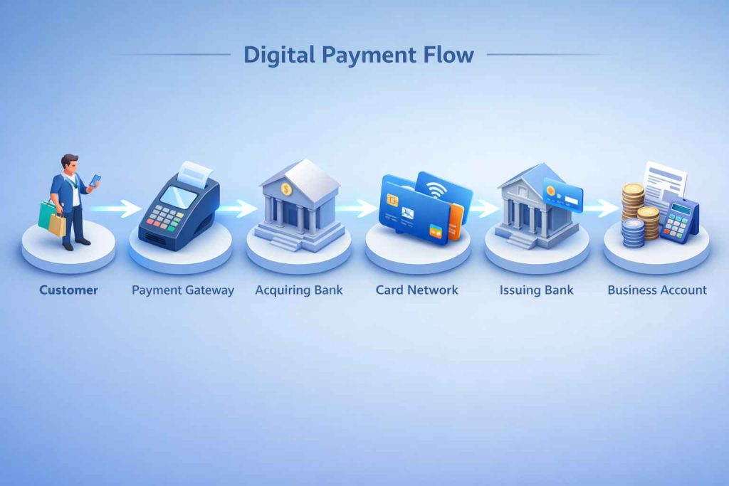 Diagram showing how an e-commerce merchant account processes online payments between customers, payment gateway, and merchant bank