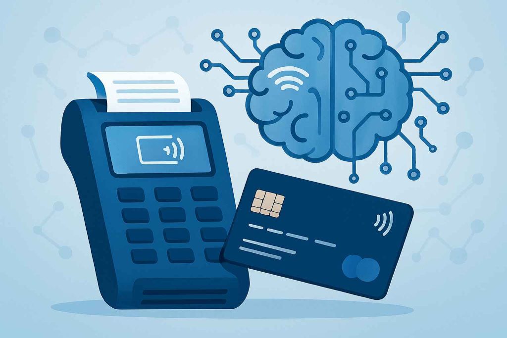Concept illustration showing machine learning revolutionizing payment processing with AI-driven transaction analysis and fraud prevention