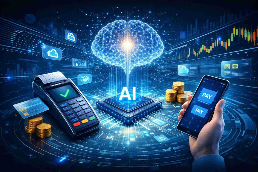 Illustration of machine learning powered digital payment processing system with AI analyzing online transactions