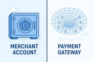 Comparison diagram showing the difference between a merchant account and a payment gateway in online payment processing