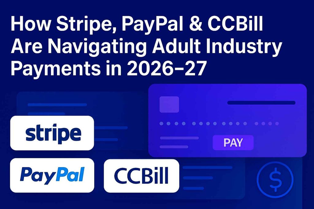 Infographic showing Stripe, PayPal, and CCBill payment processing policies for adult industry businesses in 2026–2027