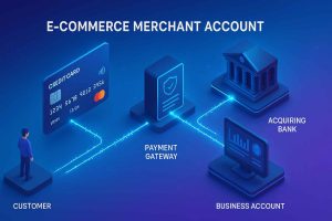 Infographic explaining what an e-commerce merchant account is and how it works for online business owners