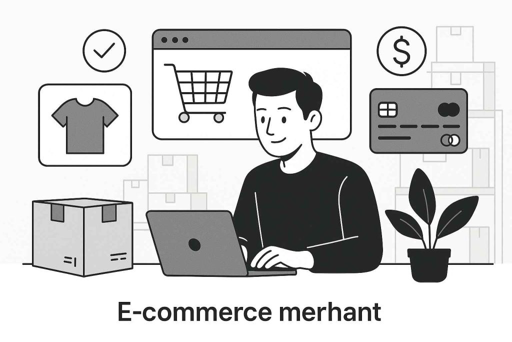 Diagram explaining what an e-commerce merchant account is and how it processes online payments