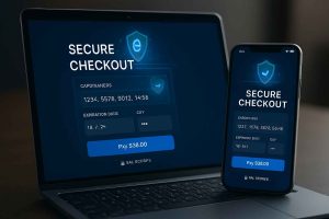 Infographic explaining which businesses need an e-commerce merchant account such as online stores, startups, and subscription services