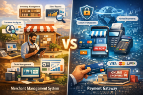 Merchant Management System vs Payment Gateway comparison diagram showing payment processing flow, merchant onboarding, risk management, and transaction processing.